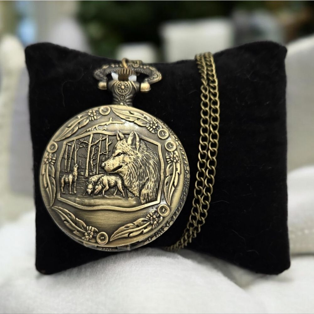 Steampunk Viking Wolf Pocket Watch Antique Bronze Norse Engraved Quartz Chain